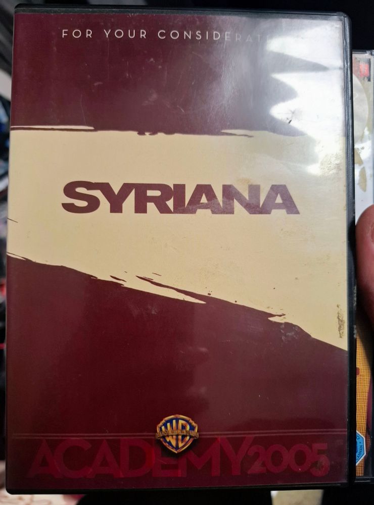 A screener DVD of the 2005 film Syriana, marked "For Your Consideration" and "Academy 2005".