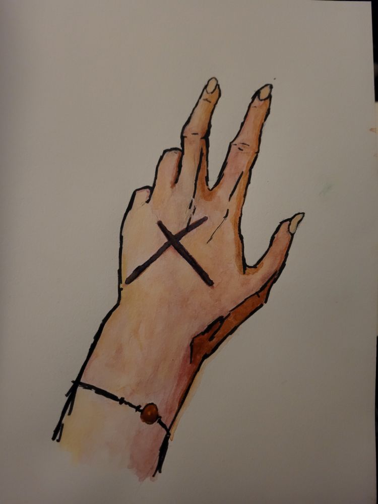 an inked watercolor painting of a hand with an X on the back