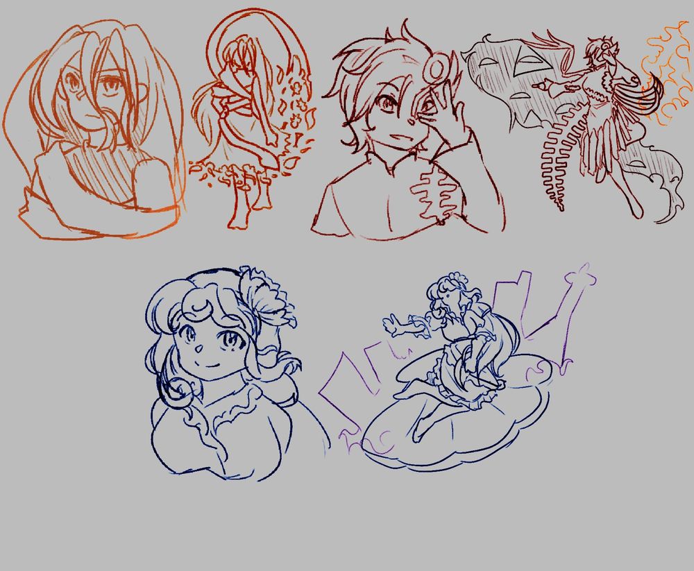 Sketches of the new characters in Touhou 20, Asama Yuiman (Left), Ariya Iwanaga (Right), and Nina Watari (Bottom)