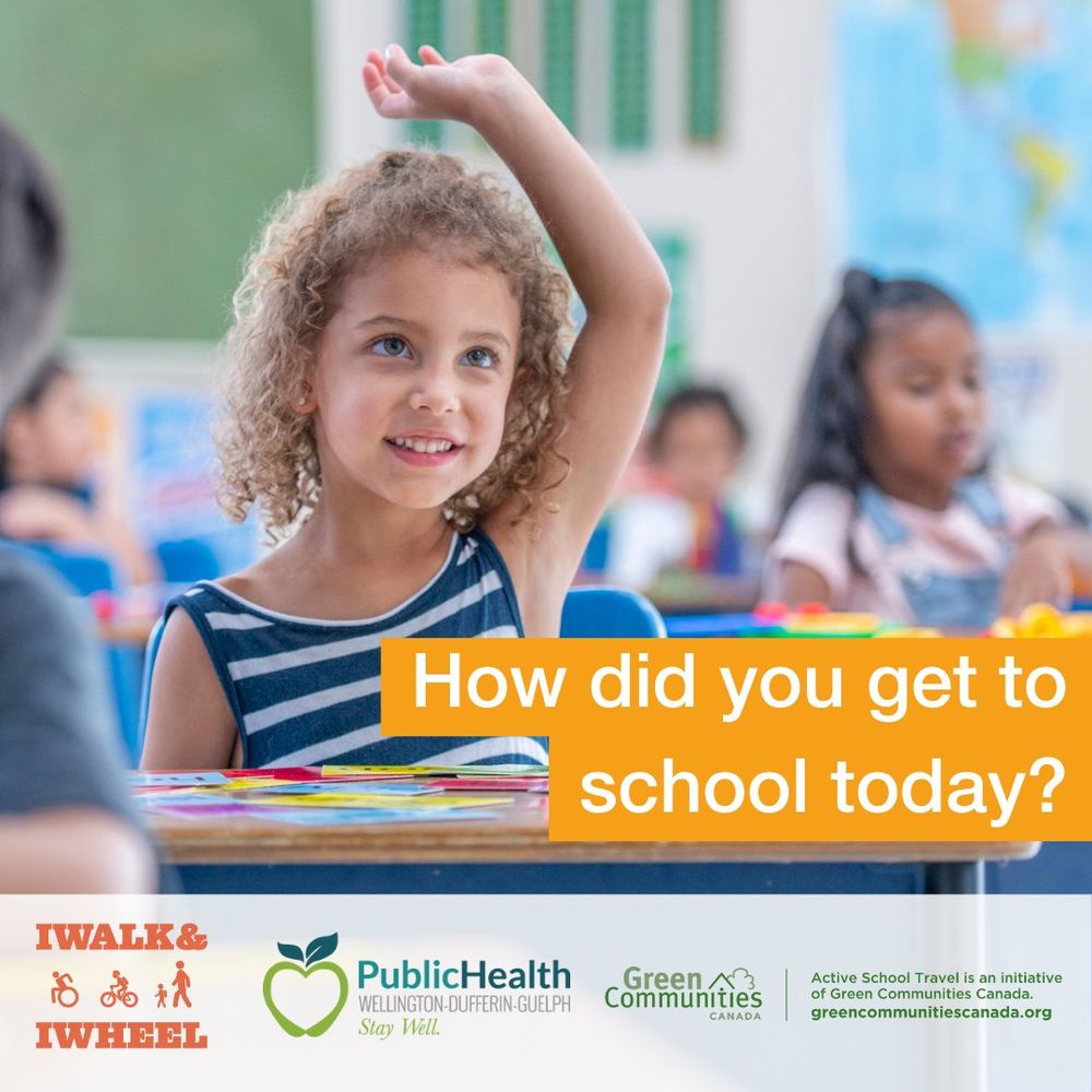 Photo of young girl sitting in her desk in a classroom with her hand up to answer a question. Overlay text: “How did you get to school today?.” Logos for IWalk & IWheel, Wellington-Dufferin-Guelph Public Health and Green Communities Canada appear at the bottom.