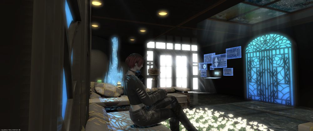 Gothic Elezen chilling in living room.