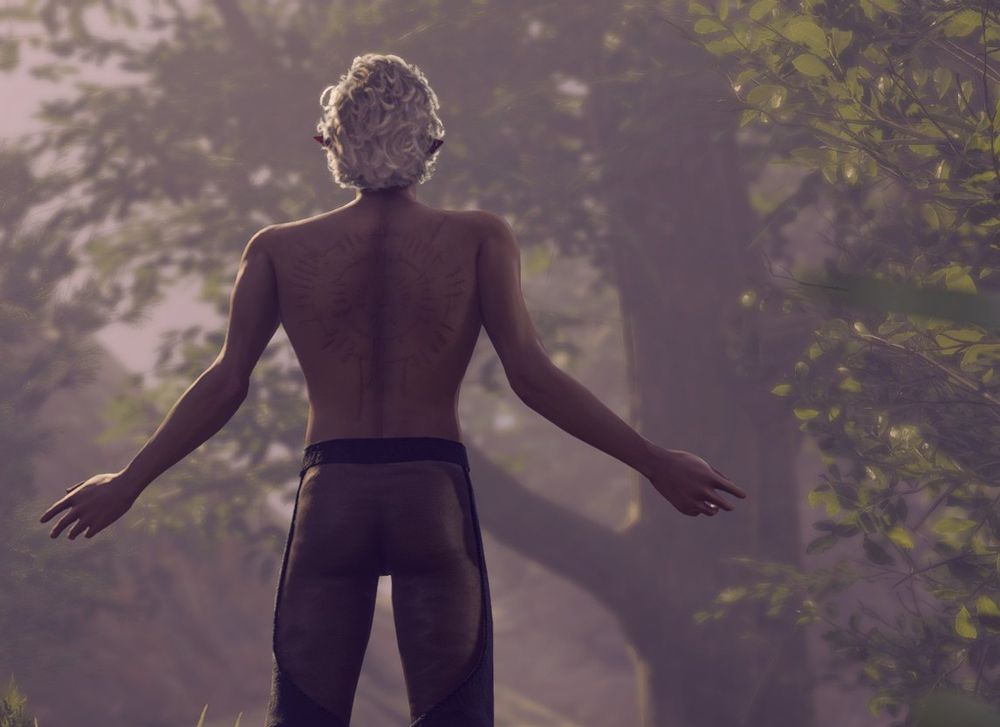 Astarion stands with his back to the viewer, he is shirtless with his arms outstretched, enjoying the morning sunlight through a canopy of trees. 