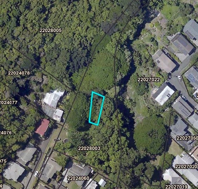 Color aerial map with large forested section in the middle, on which is drawn a pale blue trapezoid.