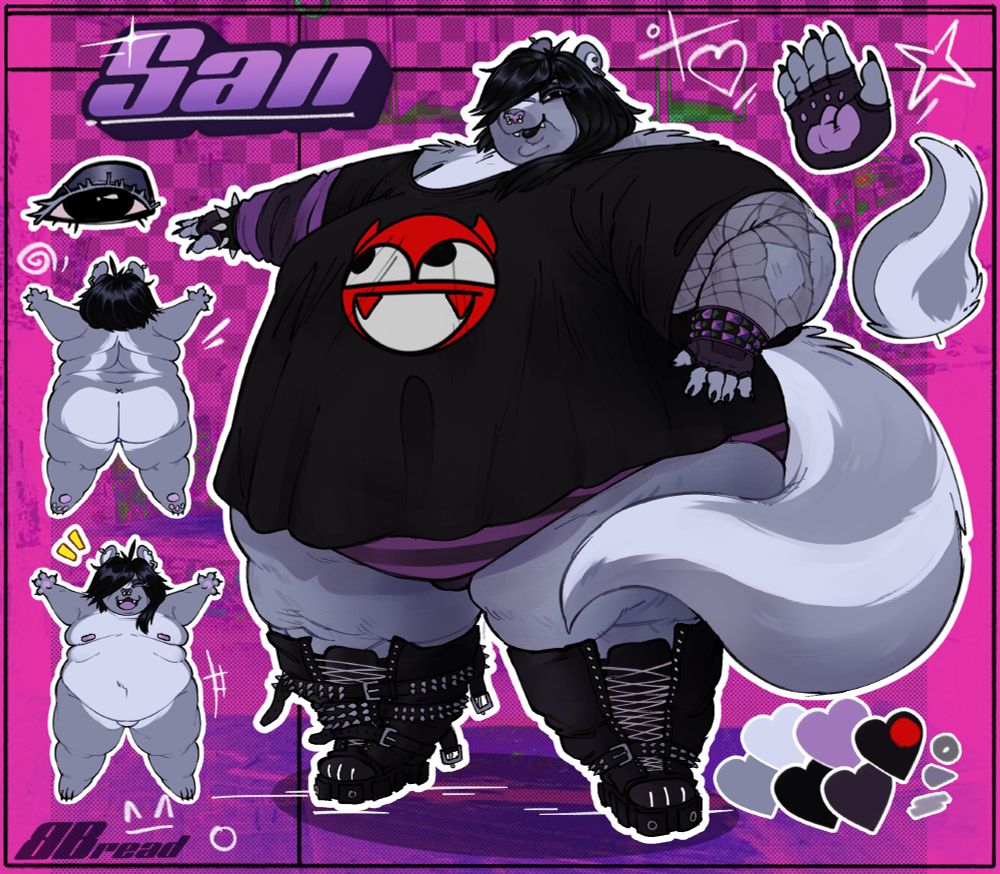 Reference sheet for a large, rotound skunk. They're a desaturated purple color with a white underbelly and details on their fur and jet-black short hair. They're wearing a baggy black tshirt with a red Awesome face on it, as well as striped purple underwear and sleeve on their right arm. Their left arm is hugged by a fishnet sleeve. Besides that, they're also wearing fingerless gloves, different spiked bracelets and knee-high gothic boots with asymetrical studded belts on them.