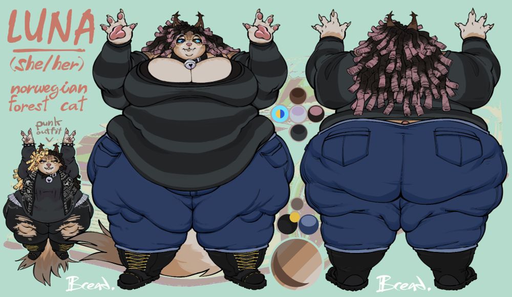 large anthropomorphic norwegian forest cat (transfem, she/her). She has dark brown dreads with pink ends and fur that features various light cream and brown colors, akin to a latte. She has big blue/orange eyes with cyan sclera, large round glasses and two floppy ears, as well as a thick leather collar with a silver bell tied to it, which rests on her chest.
Her form is clad in a gray, striped sweater with exposed shoulders and blue jeans, along with big leather boots with yellow laces that go up halfway up her shanks. She has very wide hips and rear that fill out her jeans, as well as a soft round belly and large breasts that show through a large cleavage. Her arms are also very soft and pillowy.
To the left is a smaller, chibi-esque version of her, which wears a punk-inspired outfit: ripped black jeans, belt made out of large bullet casings, black tee with long sleeves and a heavily studded jacket with pins and lapels. Her haistyle is now more side-swept, and features the right side of her hair being blonde, while the other is plain black.