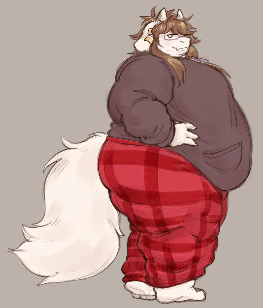 Fat, round anthro goat (appearance-wise close to the dreemurs from undertale) of about 300 pounds, showing her side to the pov and smiling while her big, fluffy tail hangs behind to the left. She's wearing a grey zipped-up hoodie and red sweatpants with a red flannel pattern. Their hands and propped up on their sides and one leg is slightly lifted.