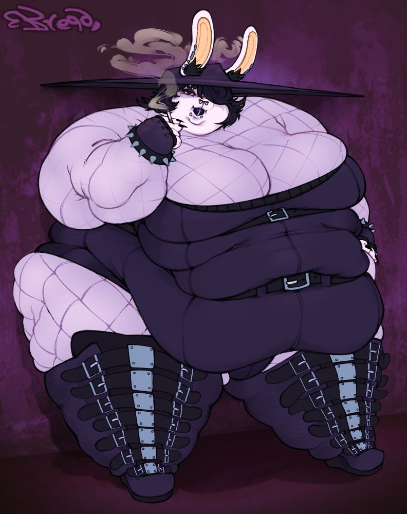 Casey taking a smoke break in an alley, wearing a purple gothic outfit that consists of a corset-like top with two belts under her breasts and on the middle of her belly, thigh-high boots with many buckles, fishnets all over her body and an oversized wide-brim hat. She's holding up a cigarette with her right hand while the other rest comfortably to her side. She's slightly larger than usual (a little over 800 lbs.) - Her face adorably chunky, resting on her softened shoulders. The two tight belts on her middle prop her heavy breasts up and squeeze her belly into a round muffintop. Her lardy thighs and ass spill out from her corset and are shaped by the fishnet like a roasted ham. She looks content and comfortable, smiling cheekily at the viewer.