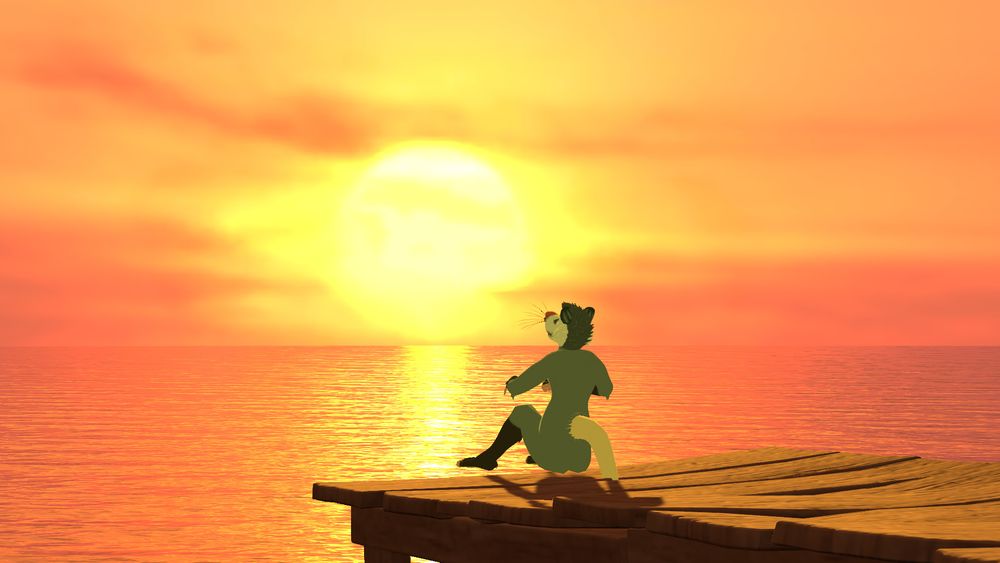 My opossum avatar in VRChat sitting in a world based on Destiny Islands from Kingdom Hearts.