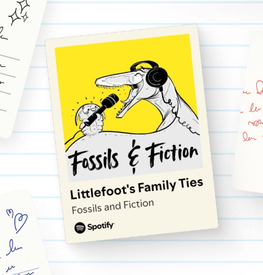 Notepaper background with a podcast cover photo featuring a cartoon trilobite holding a microphone up to the open maw of an Australovenator.