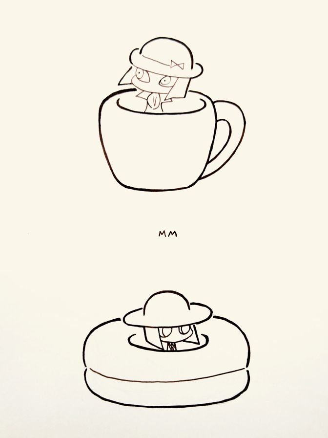 デフォルメ絵。カップの中に入っているセティ、ドーナツの穴に入っているジェフ。