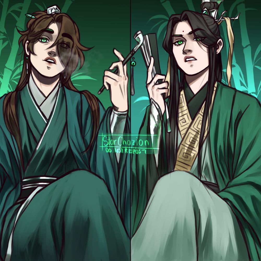 Original SQH and SQQ sitting side by side. SQH is smoking a pipe, and SQQ is holding his fan.