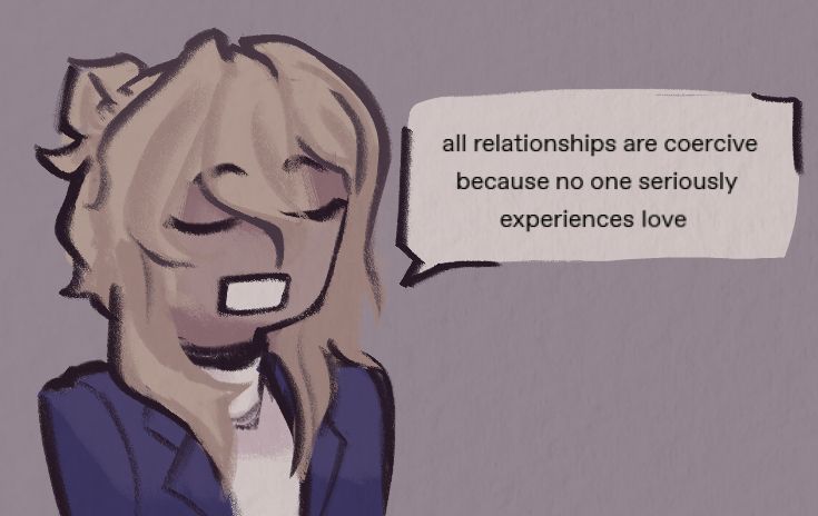 saito sejima with a text bubble saying "all relationships are coercive because no one seriously experiences love"
