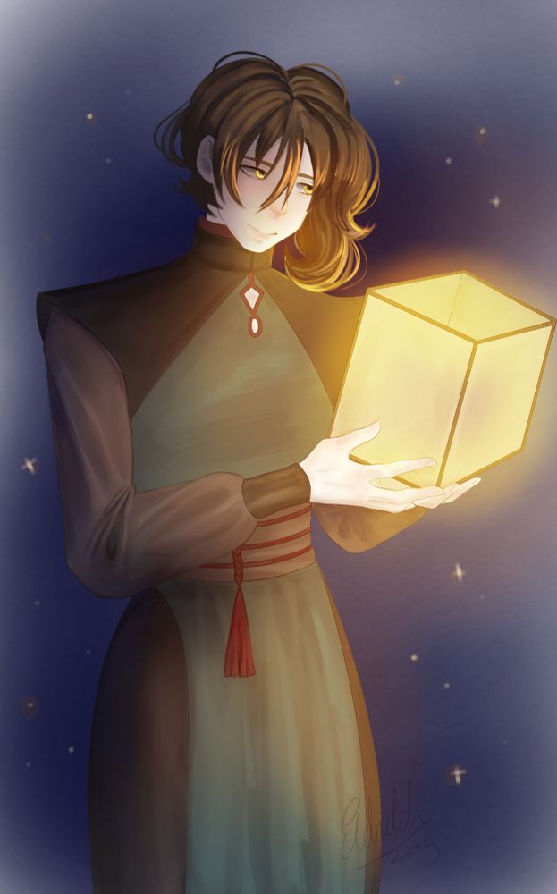 Man in Asian styled but made up outfit holding a lantern soberly.