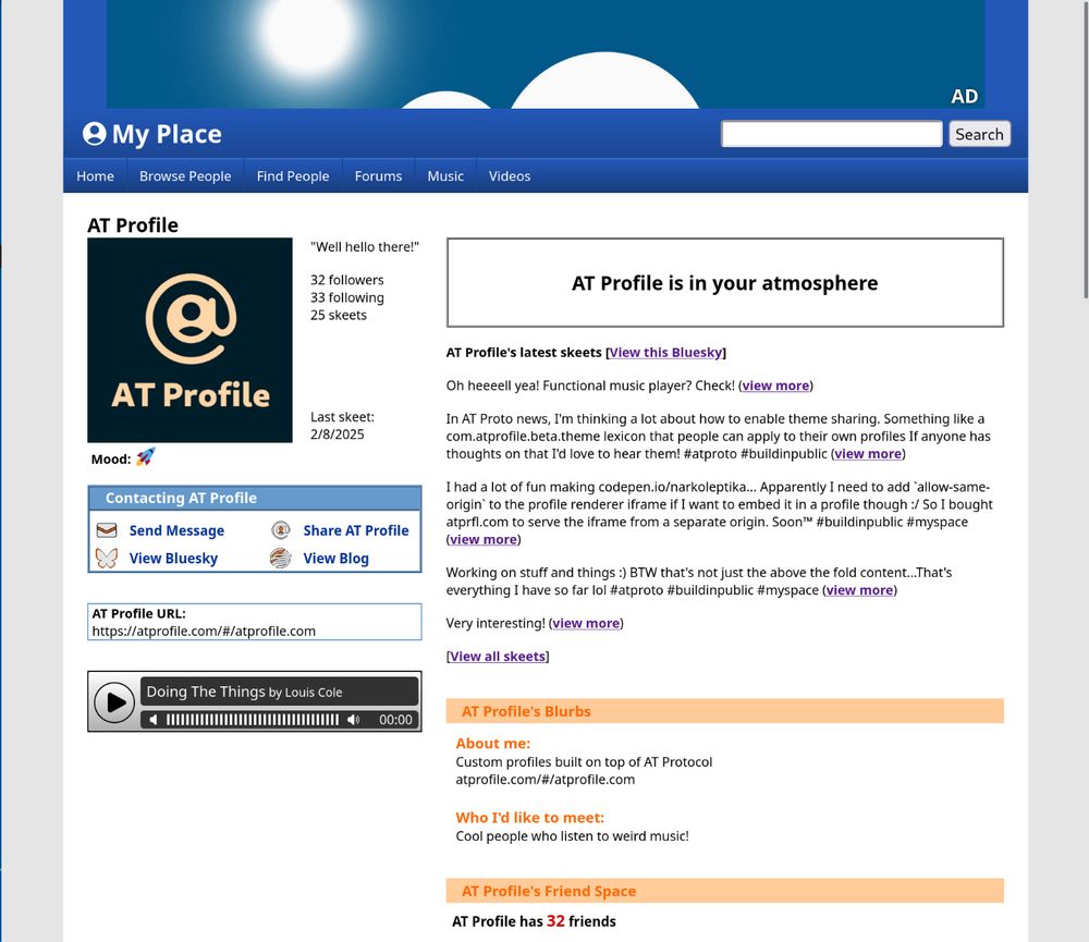 First screenshot in a series of four screenshots showcasing a nearly complete myspace themes atprofile