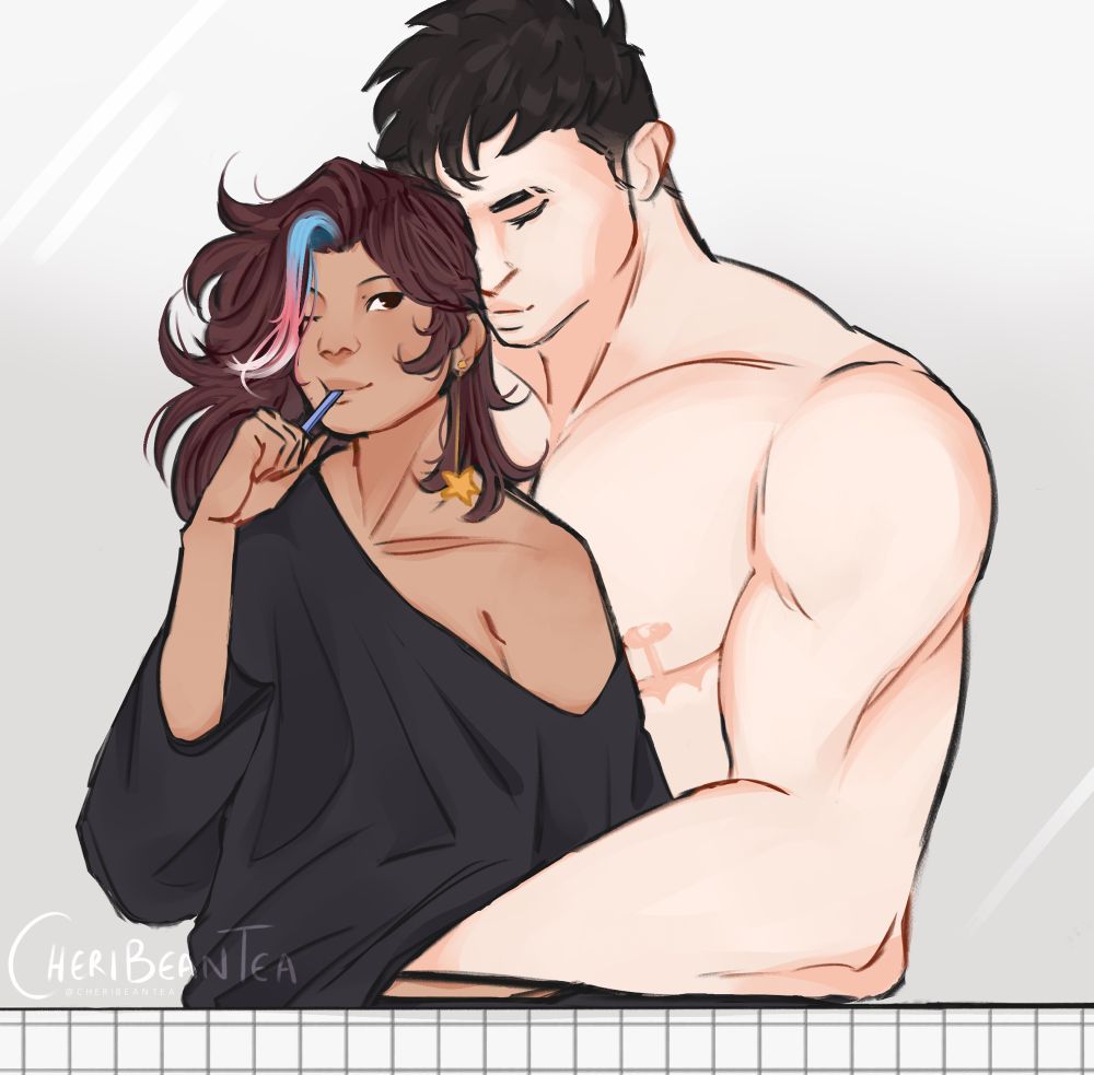 Grey, a tall, pale muscular man with short black hair is contently hugging Yasha — a short skinny Asian man with long brown hair and a trans flag-coloured dyed streak — from behind while Yasha brushes his teeth in front of the mirror. Grey has visible top surgery scars. Yasha has a dangling gold star earring and wearing Grey’s black shirt which is baggy on him.