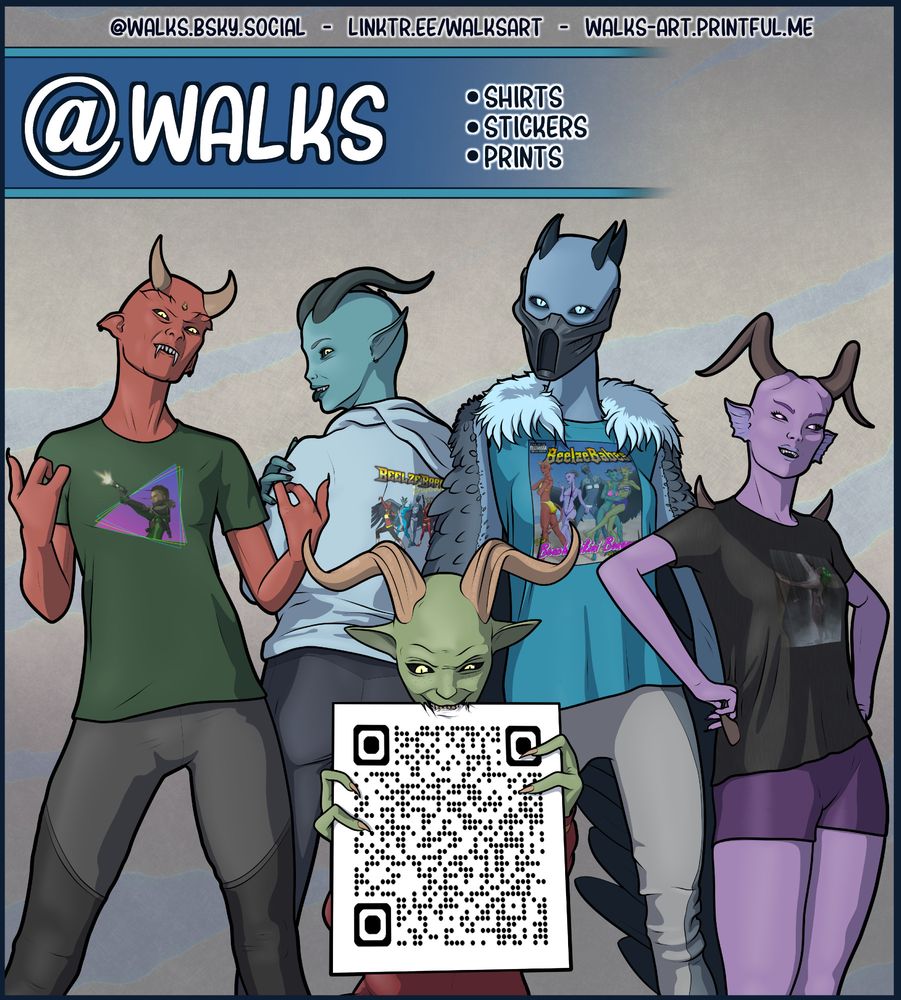 Promo art with the Beelzebabes wearing various shirt designs from @walks storefront! QR code goes to: https://walks-art.printful.me/