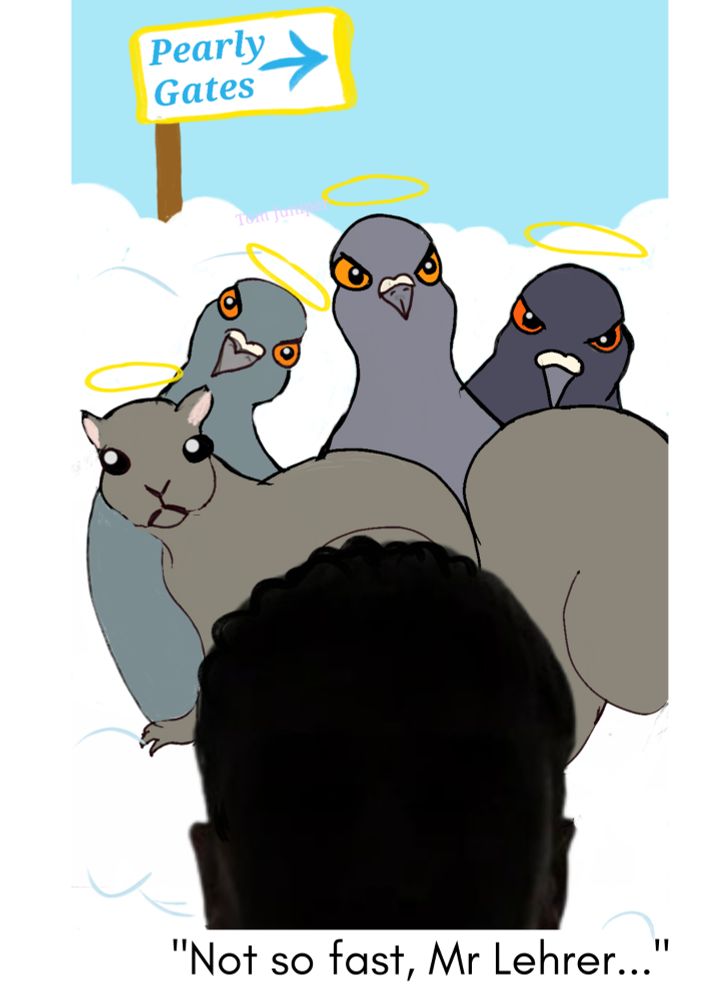 A cartoon showing three angry looking pigeons and a squirrel sitting on fluffy white clouds, wearinghalos.
In the background, a signpost points the way to the pearly gates. In the foreground man's head in silhouette, faces them. Caption "Not fast, Mr Lehrer".