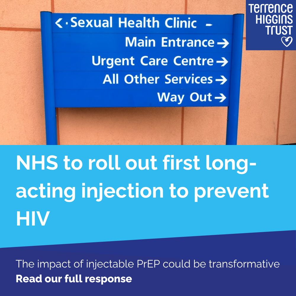 Sign directing to Sexual Health Clinic. Text reads: "NHS to roll out first long-acting injection to prevent HIV. Read our full response."