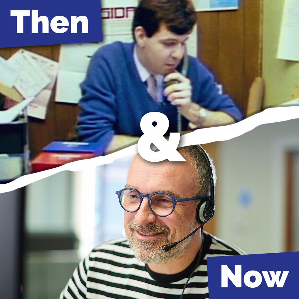 The image is a split comparison labeled "Then & Now." The top half shows a young man with dark hair wearing a blue sweater, sitting at a desk with papers pinned on the wall behind him, as he holds a corded phone to his ear. The bottom half shows an older man with grey hair and a beard, wearing glasses and a striped shirt, smiling while using a modern headset with a microphone. The text "Then" is positioned on the top left, and "Now" is on the bottom right,
