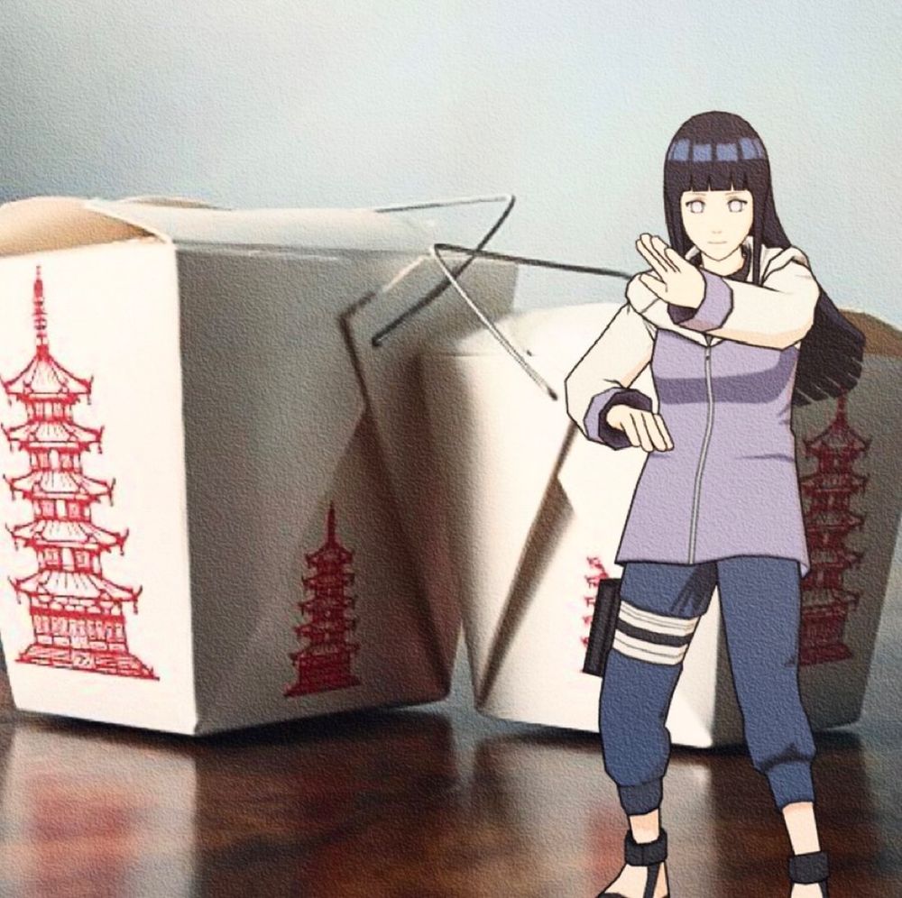 Buster with some boxes of Chinese food