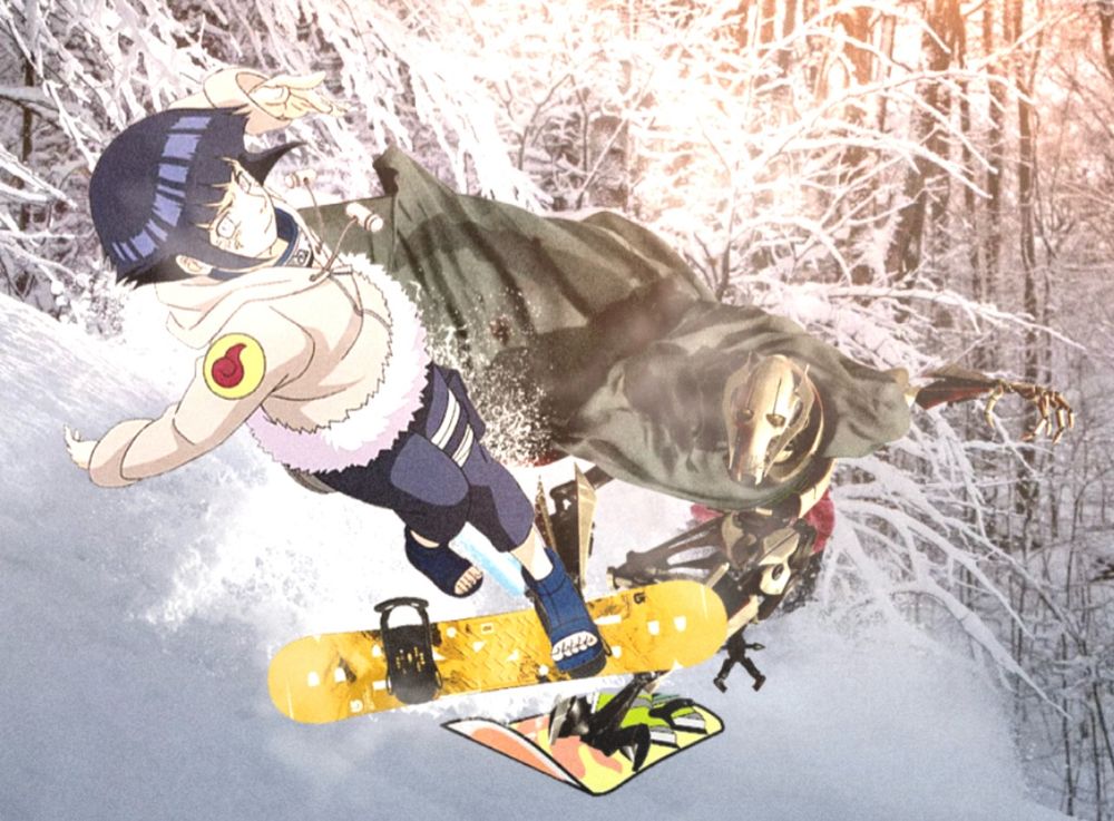 Dan and Buster snowboarding together 