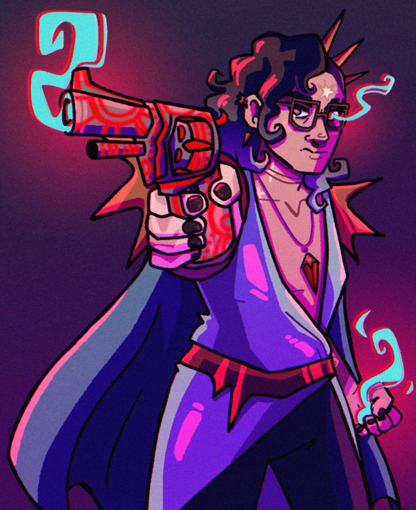 a young man dressed in fanciful blue clothing is holding up a gun covered in sigils. magical smoke comes off the barrel of the gun, his eye, and his hand. the colors of the art are stylized neon.