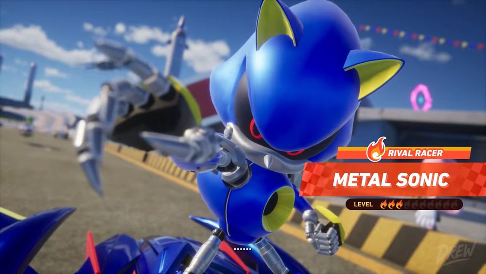 A screencap of Metal Sonic from Sonic Racing Crossworlds