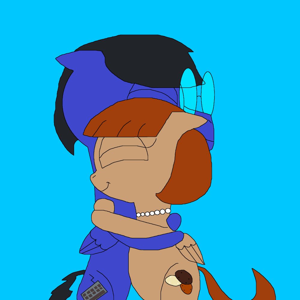 Blazewing, a blue pegasus stallion with a black mane and tail, wearing glasses, and with a cutie mark of a computer keyboard, and his girlfriend, Pecan Sandy, a chubby tan pegasus mare with a brown mane and tail, wearing a pearl necklace, and with a cutie mark of three different varieties of cookies, sharing a warm and loving hug.