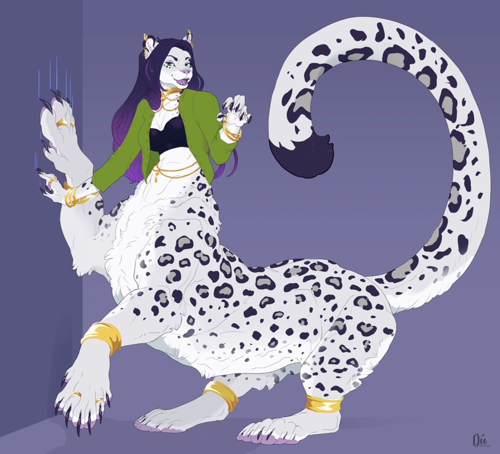 Furry art, colored digital. A female snow leopard taur with purple hair wearing a variety of gold jewelry, a green top, and a black crop. She has purple hair and dark purple rosettes against light gray and white fur. Her pawpads are light purple and she has 6 digits for each extremity. She’s clawing the wall next to her. 