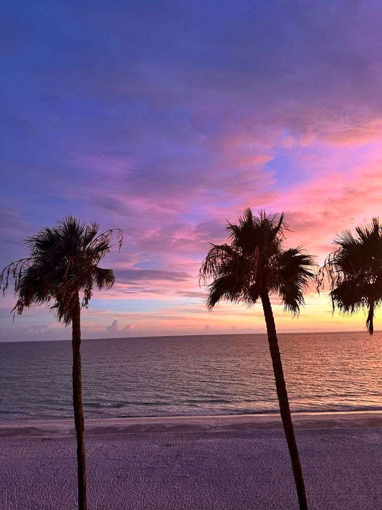 An orange and purple beach sunset is punctuated with a sandy beach and palm trees 