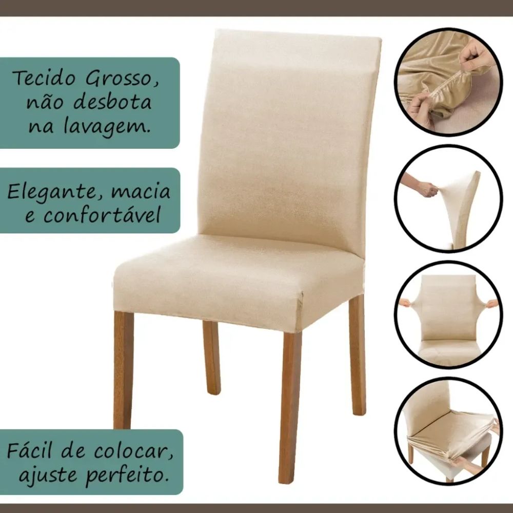 CONTEÚDO DA EMBALAGEM:
1 KIT COM 8 CAPAS DE CADEIRA

Medidas das Capas de Cadeira: 

MEDIDAS:
- Largura Assento: 50 cm 
- Comprimento Assento: 60 cm 
- Altura Assento: 10 cm
- Largura Encosto: 50 cm 
- Altura Encosto: 70 cm
- Comprimento Total: 75 cm 

ATENÇÃO: Estas são as medidas máximas da capa, sendo assim, as medidas cadeira precisam ser menores ou iguais as da descrição do produto, para que fique adequada a sua cadeira. 
