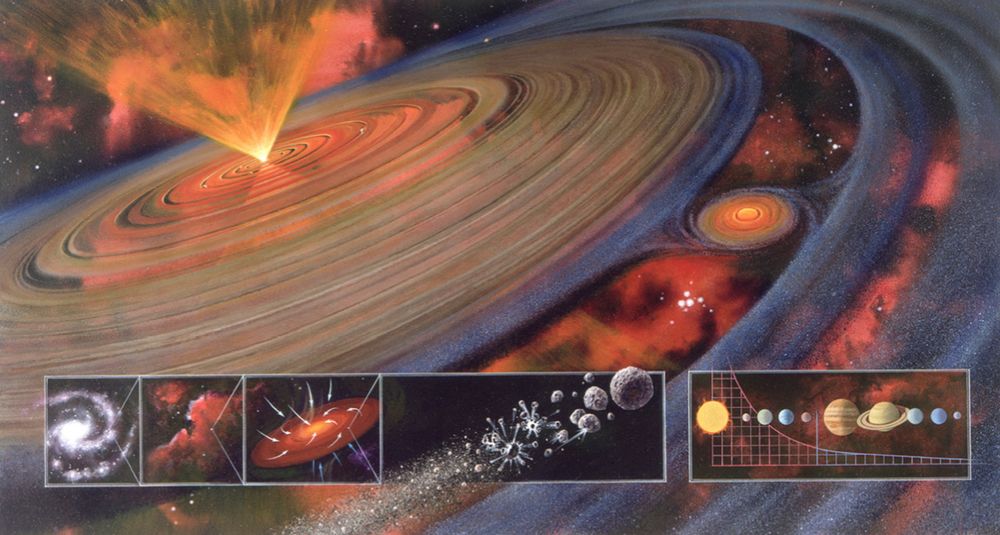 Artist conception of a giant planet forming in a stellar disk, clearing a gap.