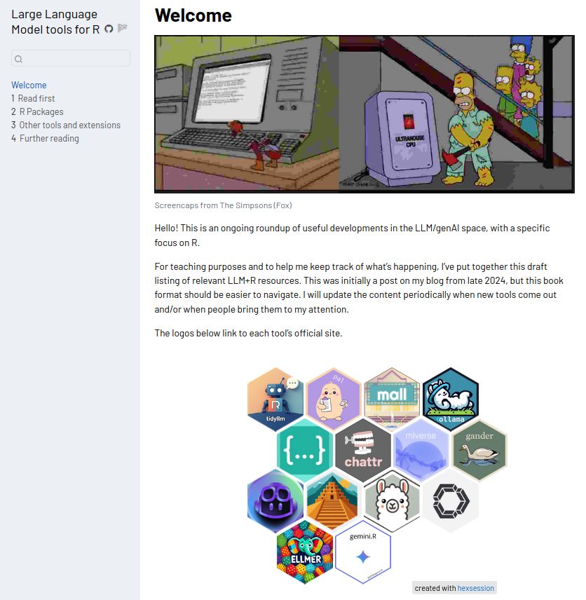 screenshot of the linked website, shows the landing page that includes a cover image made from Simpsons screencaps and some software logos below

