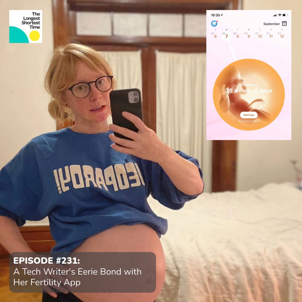 A pregnant woman with an inset image from a pregnancy app