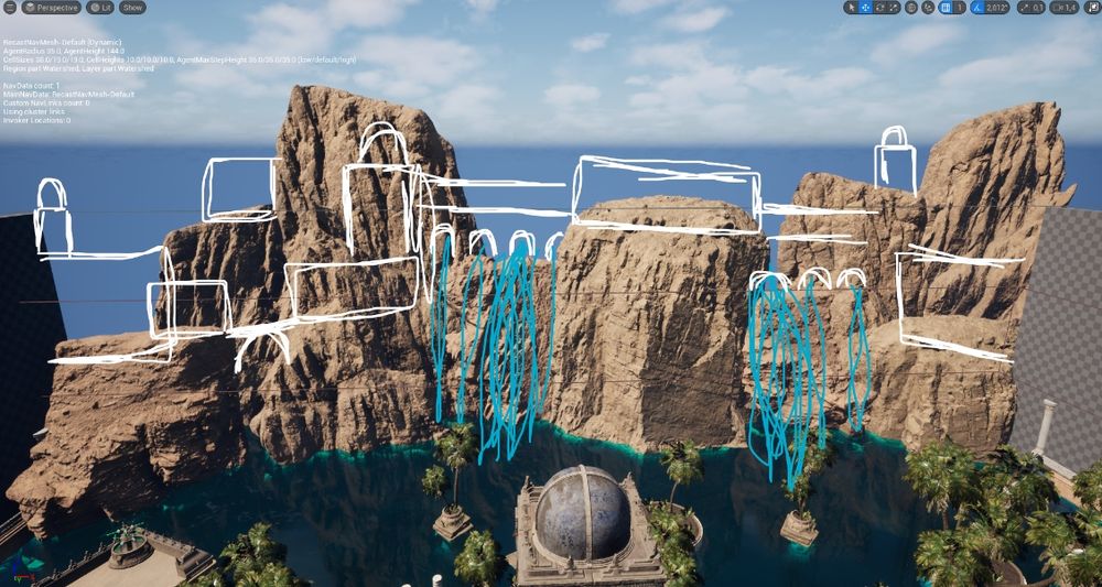 Screenshot of a level with buildings and a waterfall drawn over. 