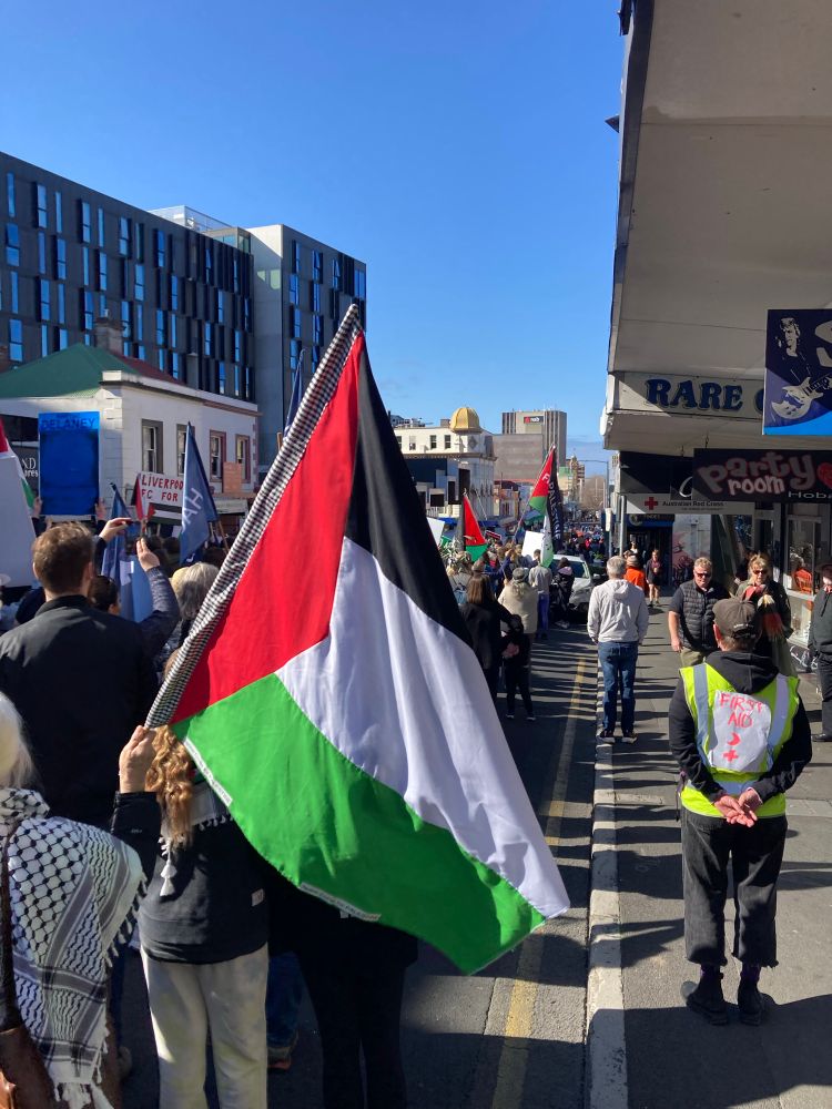 Palestine rally marching in Elizabeth St, Hobart. People are waving Palestinian flagd and wearing keffiyahs.