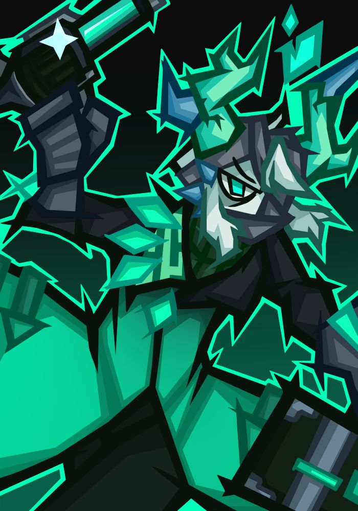 Jamie's art of Medkit from Phighting! Specifically his "Madkit" skin. He is posing dramatically, gun and kit in frame. His face is covered up in gray bandages, is wearing a trench coat from Blackrock, and some of his face is taken over by blue crystals.