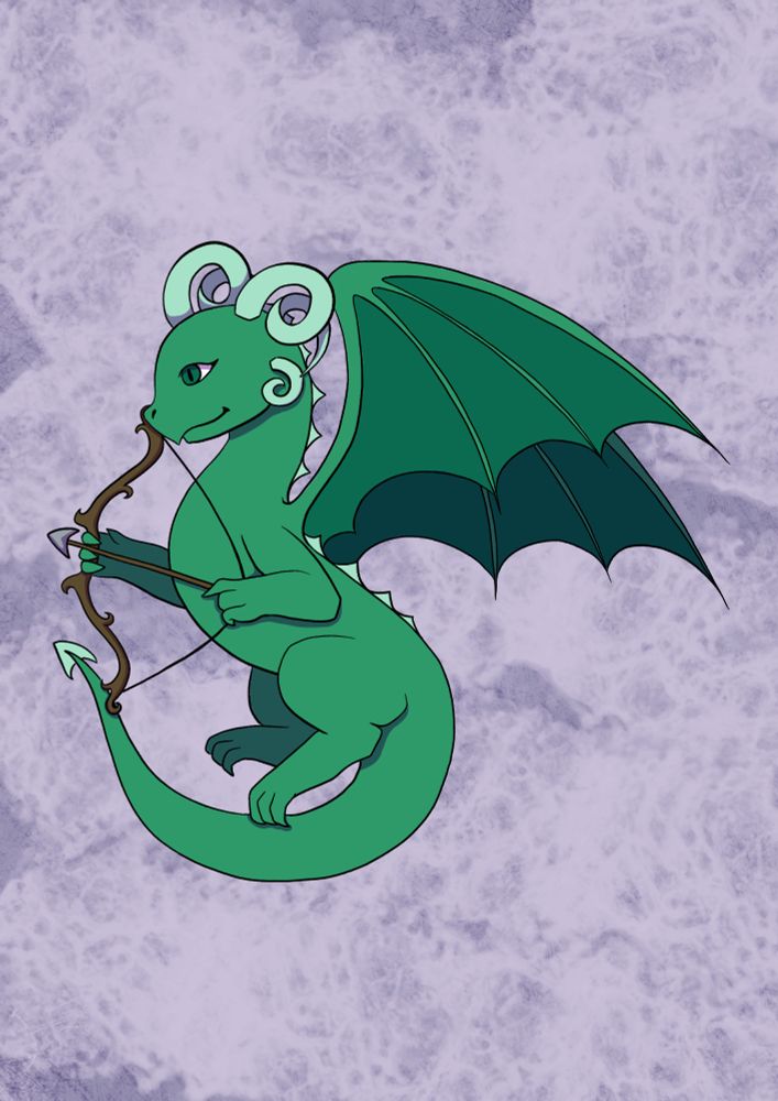 A digital illustration of a green dragon with curled ram-like horns and a mischievous expression. The dragon is holding a wooden bow with a notched arrow, poised to strike. Its dark green wings contrast with its lighter green body, and the background features a cloudy purple texture, adding depth and atmosphere to the scene. The dragon's design suggests agility and precision, embodying the essence of a skilled archer.