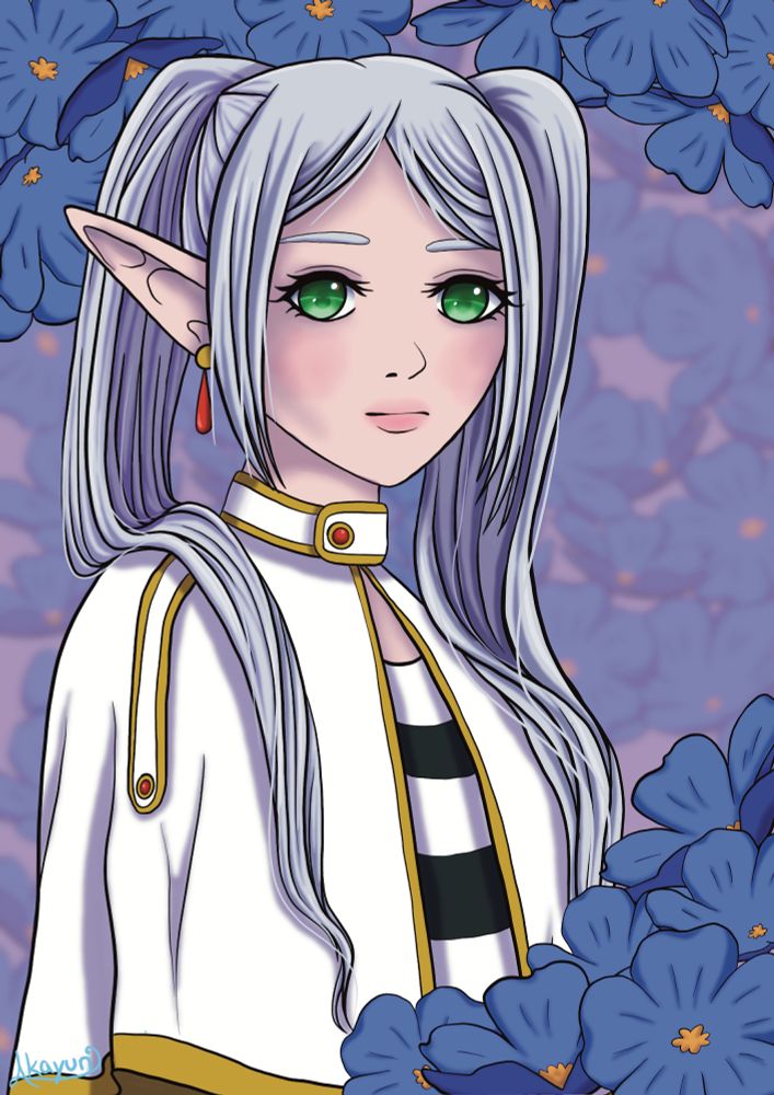 the main character of tht anime frieren, an elven mage with long silver pigtails, red earring, a white cloak with gold edges, unterneath a white and black striped shirt - the stripes are horizontal and very big, in the right lower corner and both upper corners are blue flowers, the background also has subtle blurry blue flowers