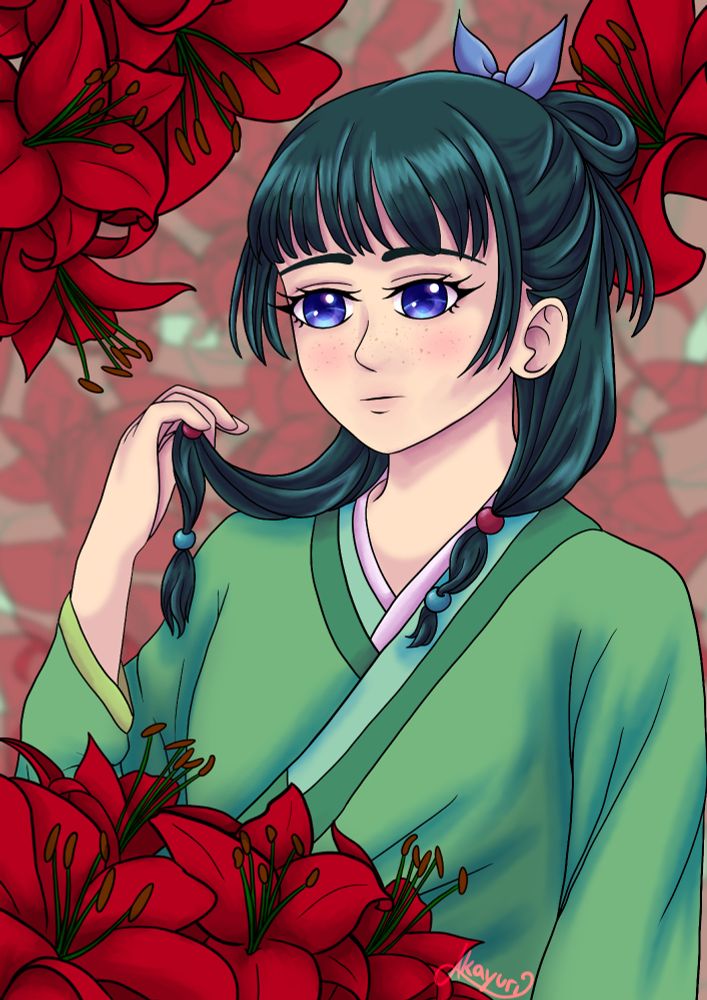 the main character of the apothecary diaries, maomao, turquoise hair, half of it in a loose bun at the back of his head, the other half parted in two pigtails loosely falling down her shoulders, she is wearing light green clothes, in the background are transparent red lilies, as well as a few fully red lilies in the upper and lower left corners