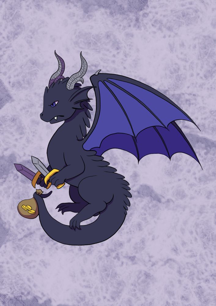 A black dragon with dark blue wings is looking angry. He is holding a bag of gold with its tail and one dagger in each of his front paws.  The background features a cloudy purple texture, adding depth and atmosphere to the scene. 