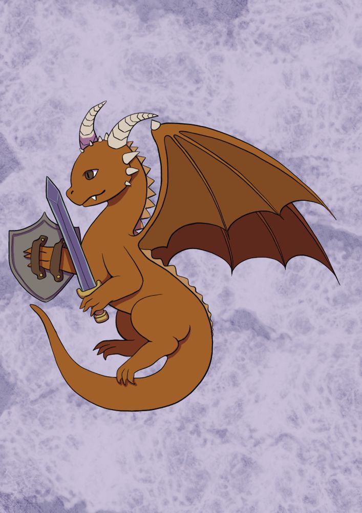 A digital illustration of a brown dragon with cream-colored curved horns and spiky back ridges features the creature holding a sword and a shield. The dragon has a confident expression with a slight smirk and narrowed eyes. Its wings are spread slightly, showing a gradient of brown shades on the membrane. The background is textured with a cloudy, icy purple hue. The dragon's stance and weaponry give it a warrior or fighter-like appearance.
