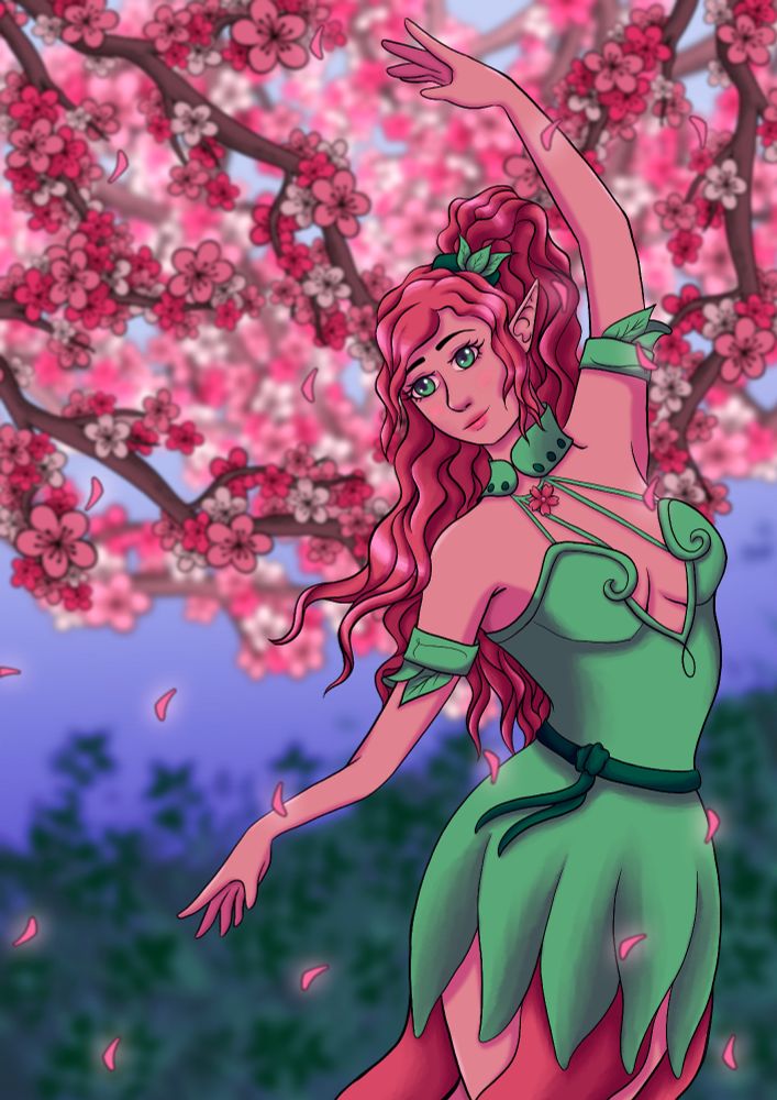 a female character with pointy ears, rose skintone and pink hair in a dancing position with one arm above her head, cherry blossoms in the background and petals falling around her, she wears a green and pink dress, the skirt looks a bit like leaves