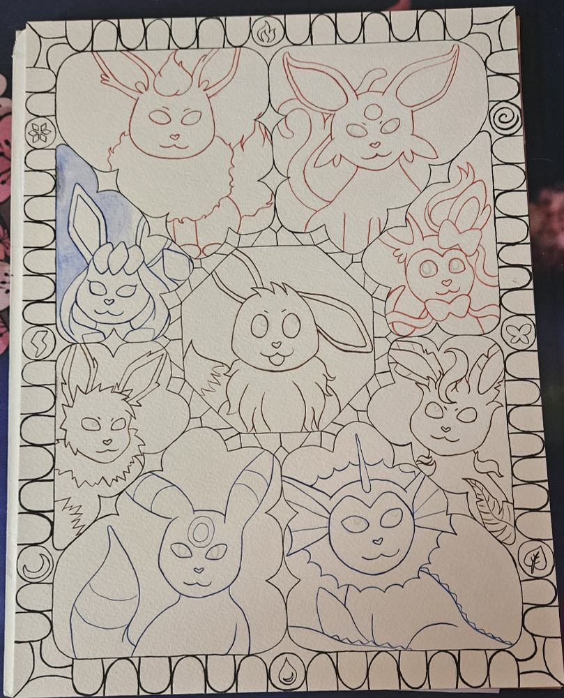group drawing of all eeveelutions with colored inked lines
