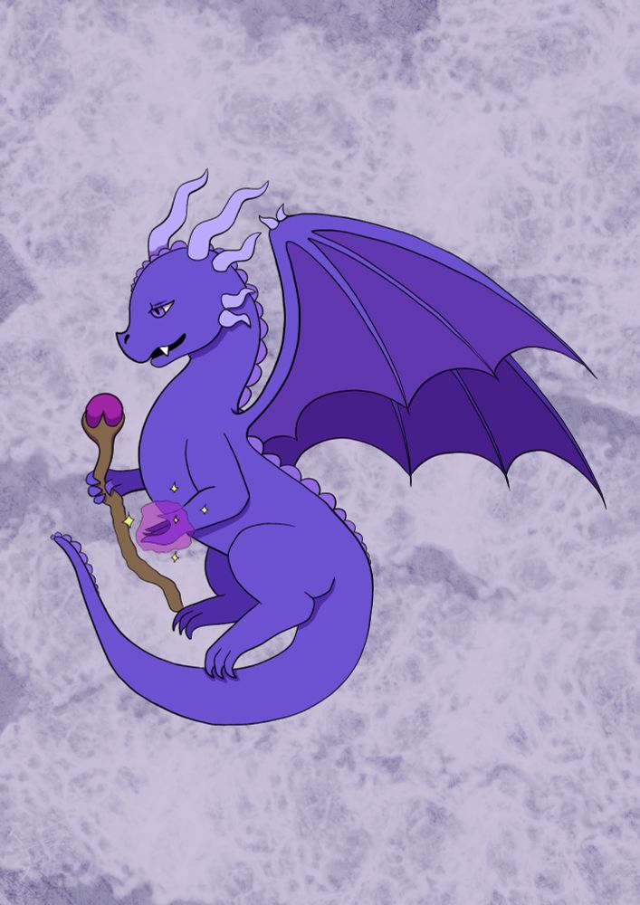 A purple dragon holds a magic staff in one hand and has a pinkish-purple aura around his other hand. The background features a cloudy purple texture, adding depth and atmosphere to the scene. 