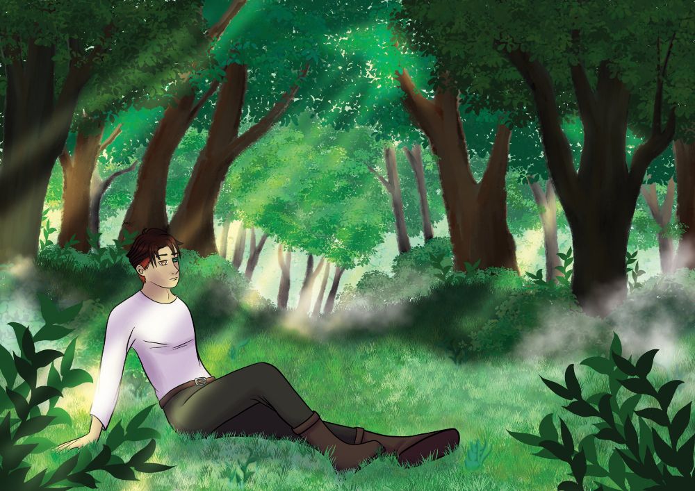 a green forest meadow, sunrays are shining through the leaves, in the middle sits a man with a white shirt and brown shoes, his hair is black at the top and red underneath, he looks confused into the distance, mist is crawling over the forest floor