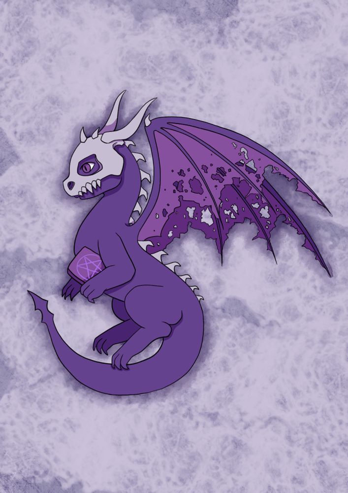 A digital illustration of a dark purple dragon with tattered wings and a skeletal mask covering its face. The dragon has glowing purple eyes and holds a book inscribed with a pentagram, suggesting a connection to dark magic. Its wings appear worn and decayed, with holes and tears throughout the membrane. The background is a cloudy, eerie purple texture, enhancing the dragon’s ominous and mysterious presence.