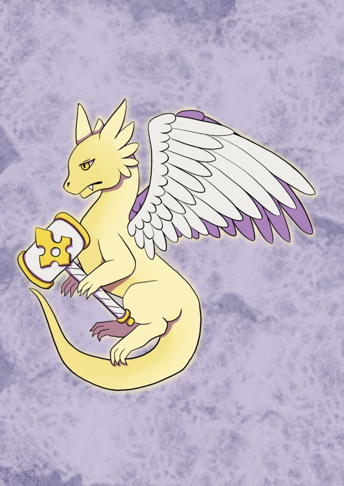 A digital illustration of a pale yellow dragon with large, white feathered wings features the creature holding a golden and white warhammer. The dragon has a determined expression, with sharp yellow eyes and a slight frown. Purple accents highlight the underside of its wings and claws. The background is a textured, cloudy purple hue. The dragon’s posture and weapon suggest a paladin-like character, exuding strength and righteousness.