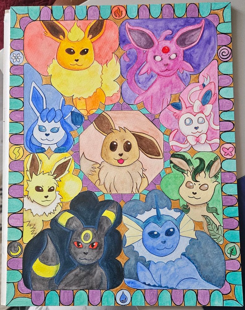 a watercolor drawing of flareon, espeon, sylveon, leafeon, vaporeon, umbreon, jolteon, glaceon and eevee, each of them in a separate space with eevee in the middle and the other eeveelutions all around it