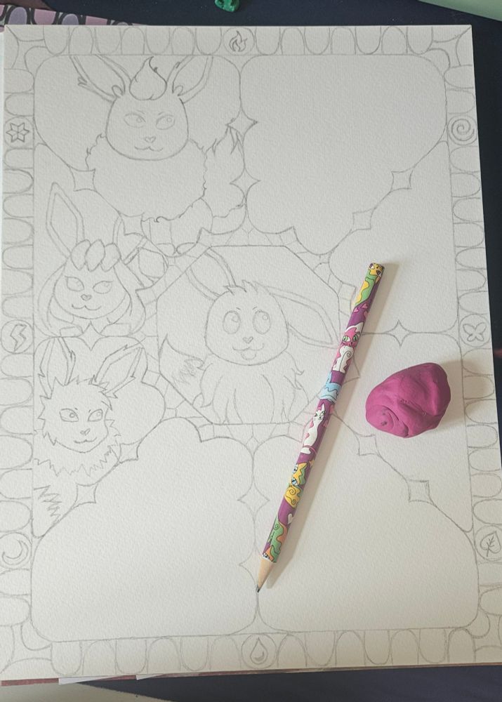 pencil sketch on White paper, the Page is divided in eight parts around an ninth parts in the middle. there is a sketch of eevee in the middle, on the top left corner is flareon, right beneath is glaceon, beneath that is jolteon, the other parts are still empty